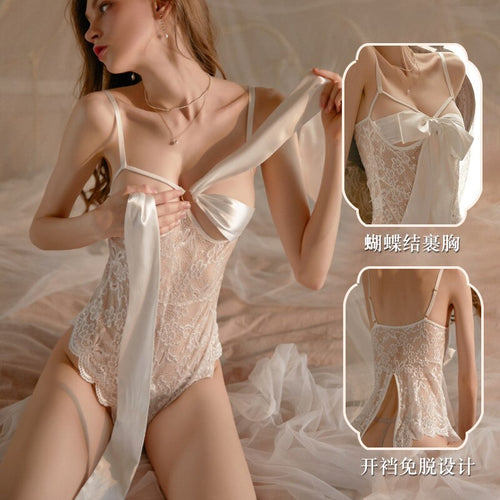 Sxey Lingerie Temptation Lace See-through Jumpsuit  Bow Uniform Suit Ignite Passion Lingerie Bodysuit Open Crotch Lace Bodysuit