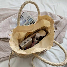 Load image into Gallery viewer, Tecido balde de palha sacos de ombro  verão palha crossbody saco designer bolsa feminina viagem praia férias tricô tote