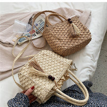 Load image into Gallery viewer, Tecido balde de palha sacos de ombro  verão palha crossbody saco designer bolsa feminina viagem praia férias tricô tote