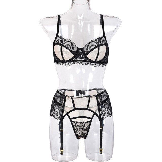 Teddies Corset Bodysuit Women's Sexy Embroidery Lingerie Set High Waisted Waist Cincher Garter Belt Lace See Through Clubwear