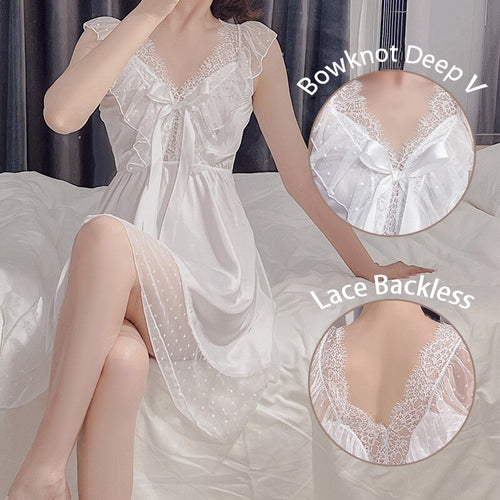 Teen Girl Sexy Deep V Mesh Night Dress Lace Sleepwear Women Sweet Bow Suspender Nightdress Kawaii Lingerie Home Suit Summer