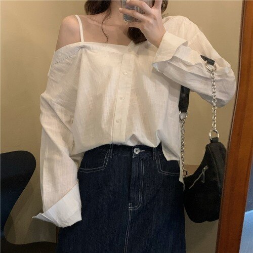 Temperament Long Sleeve Blouse Loose Vintage Single-breasted Halter Women Tops Blusas Mujer De Moda 2021 Verano