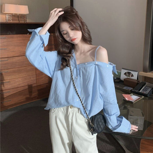 Temperament Long Sleeve Blouse Loose Vintage Single-breasted Halter Women Tops Blusas Mujer De Moda 2021 Verano