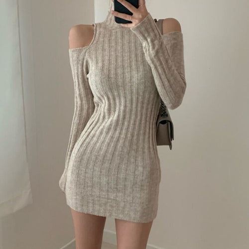 Temperament Slim Off The Shoulder Long Sleeve Twist Turtleneck Knitted Dress Women Wild Robe Femme Sexy Elegant Solid Retro Hip