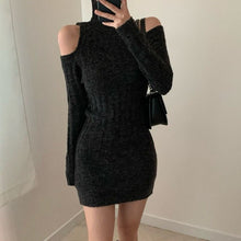 Load image into Gallery viewer, Temperament Slim Off The Shoulder Long Sleeve Twist Turtleneck Knitted Dress Women Wild Robe Femme Sexy Elegant Solid Retro Hip