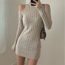 Load image into Gallery viewer, Temperament Slim Off The Shoulder Long Sleeve Twist Turtleneck Knitted Dress Women Wild Robe Femme Sexy Elegant Solid Retro Hip