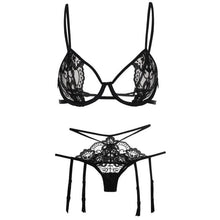 Load image into Gallery viewer, Temptation Transparent Lace Bra Seducive Lingerie Garter Set Sexy Push Up Underwire Open Cup Bra Underwear Panties Garter Set