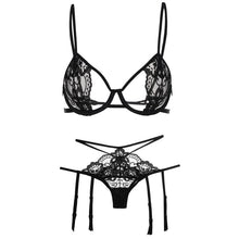 Load image into Gallery viewer, Temptation Transparent Lace Bra Seducive Lingerie Garter Set Sexy Push Up Underwire Open Cup Bra Underwear Panties Garter Set