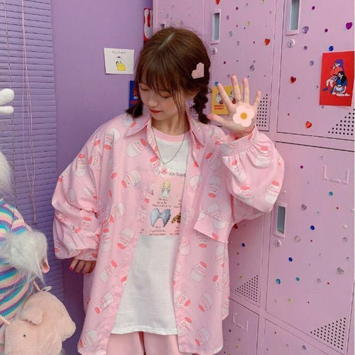The New Summer 2021 Kawaii Blouse Women  Long Sleeve Cute Top Loose Women Shirts Korean Style Fashion Print Button Up Shirt Kpop