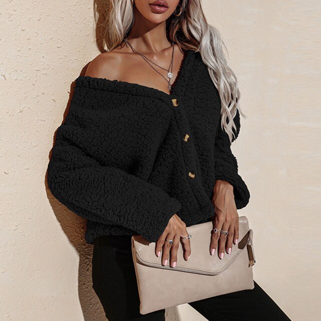 Thick Warm Fake Fleece Jacket For Women Fluffy Jackets Overcoat 2021 Fashion V Neck Button Down Long Sleeve Cardigan Loose Coat