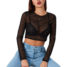 Load image into Gallery viewer, Thorn Tree 2021 Black Mesh Fishnet Crop Tops Women Sexy See Through Long Sleeve O-neck Rihnstone Crystal Beadings Plaid T-Shirts