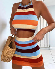 Load image into Gallery viewer, Thorn Tree 2Pcs Women&#39;s Suits Clothing Knitted Sleeveless Halter Camis Crop Tops High Waist Striped Pencil Skirt Party Wear 2021