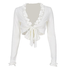Load image into Gallery viewer, Thorn Tree Shirts 2021 New Sexy Women Deep V-neck Lace-up Ruffles Long Sleeve Blouse Spring Style Knotted Short Shirt Crop Tops