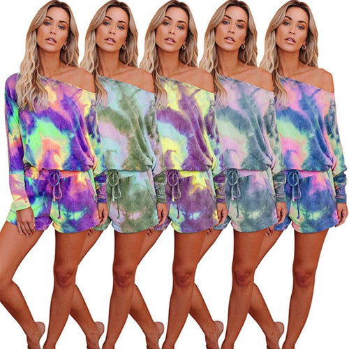 Tie Dye Colorful Print Two Piece Set Summer Clothing Off the Shoulder Long Sleeve Top and Shorts Suit Co Ord Sets Lounge Wear