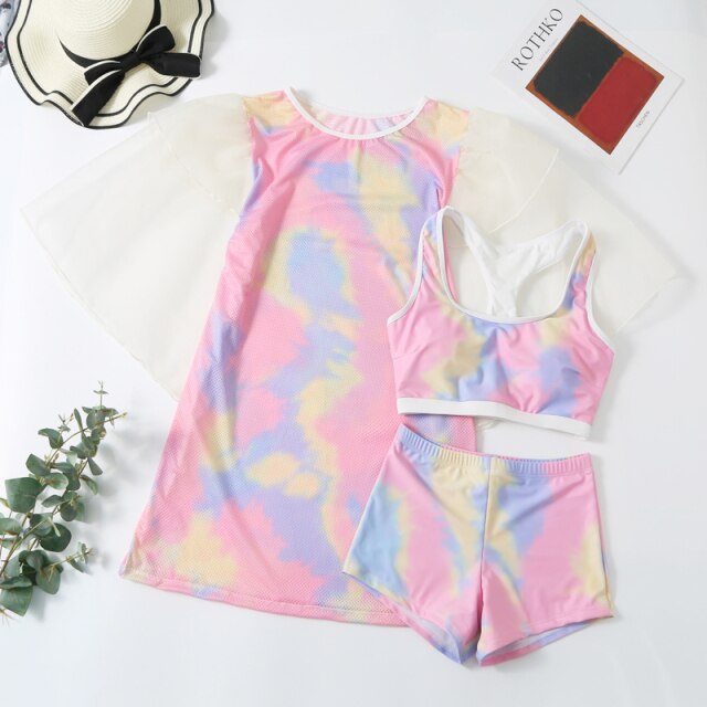 Tie Dye Swimsuit with Cover Up Three Pieces Swimwear for Women Tankini Sets 2021 New Summer Large Size Bathing Suits Plus Size