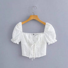 Load image into Gallery viewer, Tops Women 2022 Short Puff Sleeve Embroiery Blouse White Top Square Neck Lace Up Tie Bow Back Smocked Button Up Summer Crop Top