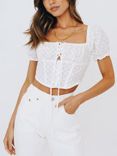 Load image into Gallery viewer, Tops Women 2022 Short Puff Sleeve Embroiery Blouse White Top Square Neck Lace Up Tie Bow Back Smocked Button Up Summer Crop Top