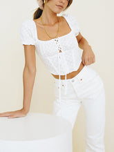 Load image into Gallery viewer, Tops Women 2022 Short Puff Sleeve Embroiery Blouse White Top Square Neck Lace Up Tie Bow Back Smocked Button Up Summer Crop Top