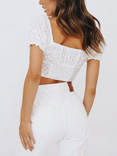Load image into Gallery viewer, Tops Women 2022 Short Puff Sleeve Embroiery Blouse White Top Square Neck Lace Up Tie Bow Back Smocked Button Up Summer Crop Top
