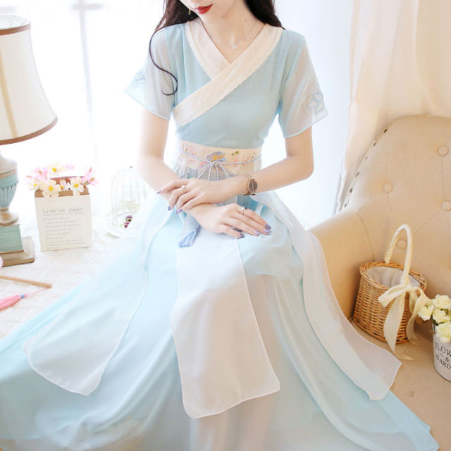 Traditional Ancient Chinese Style Summer Hanfu Costumes Women Daily Embroidery Oriental Han Dynasty Student Slim Chiffon Dresses