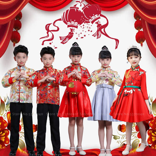 Traditional Chinese Tang Suit Girl Princess Children Host Evening Formal Dress Kids Boy Hanfu New Year Festival Jackets Costumes