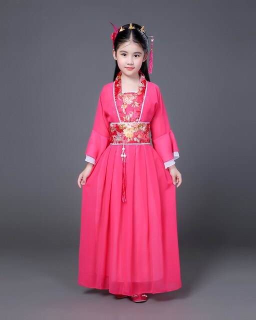Traditional Dance Fans Chinese Traditional Dress for Kids Hanfu Red Hot Pink Sky Blue White Green Yellow Halloween Girls Costume