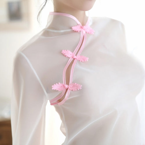 Transparent Mesh Retro Night Club Republic Cosplay Women Clothing Colorful Sexy Lingerie Cheongsam Split Skirt Elegant Suit