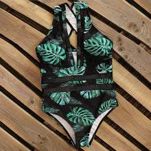 Load image into Gallery viewer, Transparent Women One Piece Swimsuit Printed Leaf Swimwear Black Slimming Monokini Push Up Floral Pattern Bathing Suit Bain