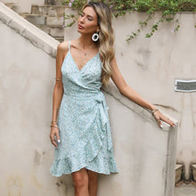 Load image into Gallery viewer, Trendy Bohemian Wrap Front Frill Slip Ditsy Dress Asymmetrical Ruffle Hem Backless Mini Camisole for Beach or Holiday