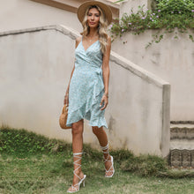 Load image into Gallery viewer, Trendy Bohemian Wrap Front Frill Slip Ditsy Dress Asymmetrical Ruffle Hem Backless Mini Camisole for Beach or Holiday