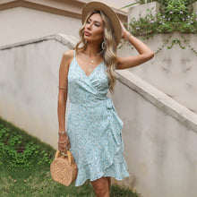 Load image into Gallery viewer, Trendy Bohemian Wrap Front Frill Slip Ditsy Dress Asymmetrical Ruffle Hem Backless Mini Camisole for Beach or Holiday