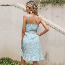 Load image into Gallery viewer, Trendy Bohemian Wrap Front Frill Slip Ditsy Dress Asymmetrical Ruffle Hem Backless Mini Camisole for Beach or Holiday