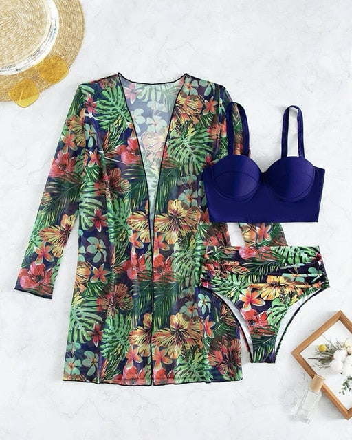 Tropical Print High Waist Bikini Sets Push Up Swimsuit for Women Sexy Three-Pieces Swimwear &Kimono 2022 New Beach Bathing Suits