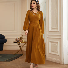 Load image into Gallery viewer, Turmeric V-neck Work-sewn Diamond Satin Dress New Long-sleeved Slim Ladies Dress, Lady Style Banquet Dress Jelebab Kaftan