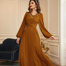 Load image into Gallery viewer, Turmeric V-neck Work-sewn Diamond Satin Dress New Long-sleeved Slim Ladies Dress, Lady Style Banquet Dress Jelebab Kaftan