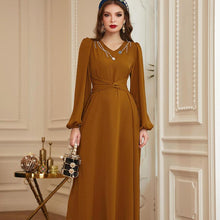Load image into Gallery viewer, Turmeric V-neck Work-sewn Diamond Satin Dress New Long-sleeved Slim Ladies Dress, Lady Style Banquet Dress Jelebab Kaftan