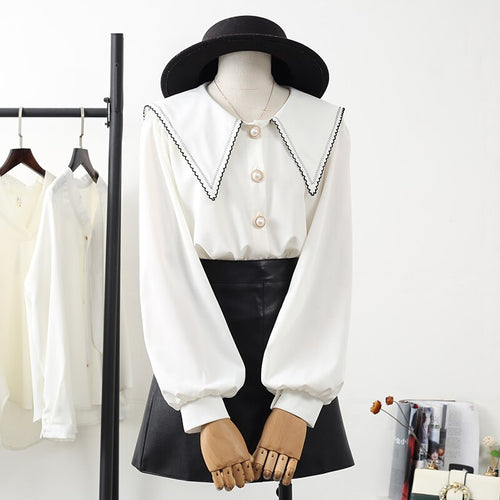 Turn-Down Collar Women Shirts Summer New 2021 Button Long-Sleeved Elegant Office Lady Solid Pearl Outwear Coats Tops