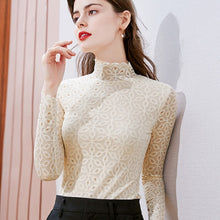 Load image into Gallery viewer, Turtleneck Lace Bottoming Shirt New 2021 Spring Autumn Long Sleeve Women T-Shirt Fashion Sexy Hollow Out Female Shirt Blusas