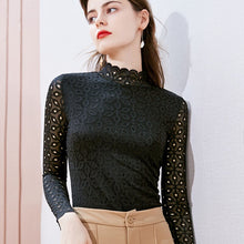 Load image into Gallery viewer, Turtleneck Lace Bottoming Shirt New 2021 Spring Autumn Long Sleeve Women T-Shirt Fashion Sexy Hollow Out Female Shirt Blusas