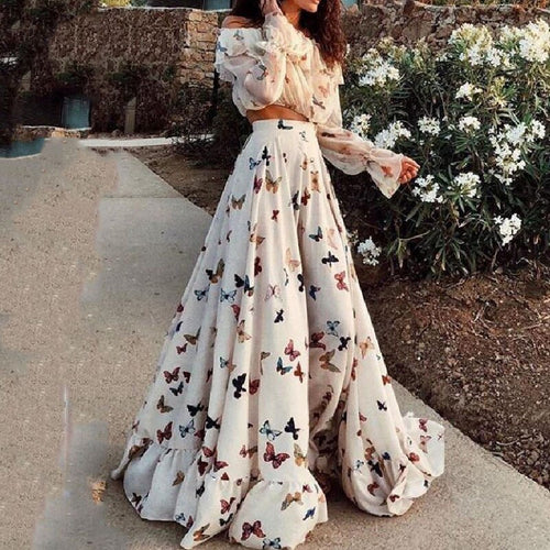 Two Piece Elegant Petal Sleeve Crop Top & High Waist Ruffle Hem Maxi Skirt Set Fashion Slim Boho Beach Skirt Suits
