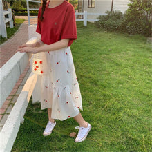 Load image into Gallery viewer, Two Piece Rose Embroidered Elastic High Waist Midi Skirt + Short Sleeve T-Shirt Top Summer Clean Women Suits Plus Size Sweet Set