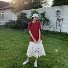 Load image into Gallery viewer, Two Piece Rose Embroidered Elastic High Waist Midi Skirt + Short Sleeve T-Shirt Top Summer Clean Women Suits Plus Size Sweet Set