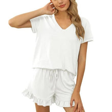 Load image into Gallery viewer, Two-Piece Ruffle Set Women Clothes Loose Summer Pajamas Sleepwear Fashion Solid v-neck Casual Top Shorts