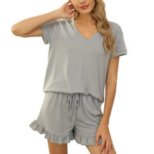 Load image into Gallery viewer, Two-Piece Ruffle Set Women Clothes Loose Summer Pajamas Sleepwear Fashion Solid v-neck Casual Top Shorts