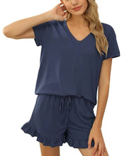 Load image into Gallery viewer, Two-Piece Ruffle Set Women Clothes Loose Summer Pajamas Sleepwear Fashion Solid v-neck Casual Top Shorts
