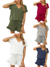 Load image into Gallery viewer, Two-Piece Ruffle Set Women Clothes Loose Summer Pajamas Sleepwear Fashion Solid v-neck Casual Top Shorts