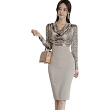 Load image into Gallery viewer, Two Piece Set 2021 Spring Korean Temperament Self-Cultivation Pile Collar Snake Print Top Fashion High Waist Bodycon Skirt Suits