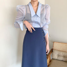 Load image into Gallery viewer, Two Piece Set Korean Chic Women Suit Dress High Waist Buttons Ruff Sleeve Jacket Set Pink Slim Casual Outfits Streetwaer