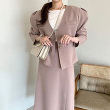 Load image into Gallery viewer, Two Piece Set Korean Chic Women Suit Dress High Waist Buttons Ruff Sleeve Jacket Set Pink Slim Casual Outfits Streetwaer