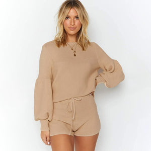 Two Piece Set Matching Sets Womens Outfits Knitted Lantern Sleeve Fall Winter Clothes Women Sweaters Shorts Suit 2021 Fashion
